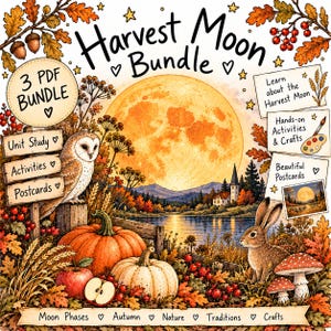 Könnte beinhalten: Ein Harvest Moon Bundle Digital-Download-Set mit einem großen gelben Mond, einer Eule, einem Hasen, Kürbissen, Äpfeln und Herbstlaub. Der Text enthält 3 PDF BUNDLE, Unit Study, Activities, Postcards, Learn about the Harvest Moon und Moon Phases.