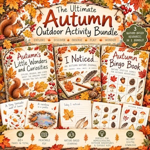 May include: The Ultimate Autumn Outdoor Activity Bundle includes three books: Autumn's Little Wonders and Curiosities, I Noticed... An Autumn Nature Journal, and Autumn Bingo Book. The set features nature-themed illustrations of leaves, squirrels, and mushrooms.
