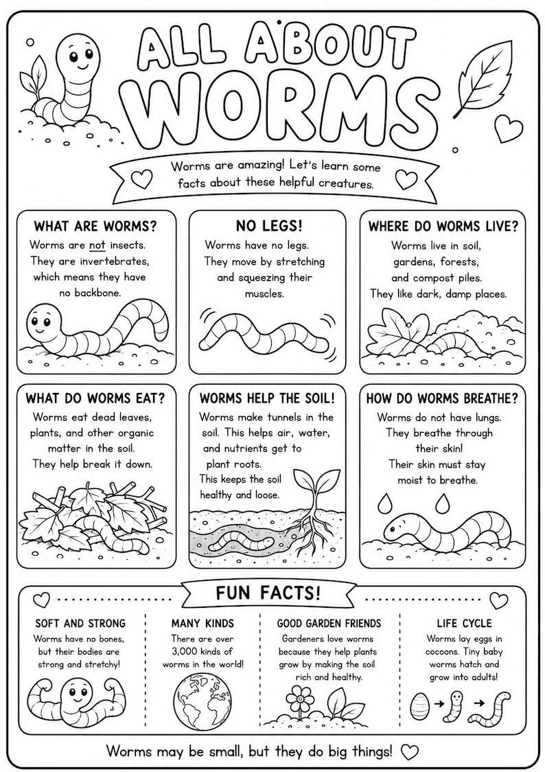 May include: A black and white educational worksheet titled All About Worms, featuring illustrations of worms and text explaining their biology, habitat, diet, and role in soil health, including a section for fun facts at the bottom of the page.