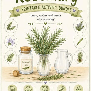 May include: A printable activity bundle titled Rosemary featuring illustrations of rosemary sprigs, a glass jar labeled Rosemary Oil with a cork stopper, a glass vase with rosemary, and a glass pitcher, plus icons for fact sheets and activities.