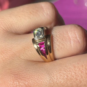 Art Moderne Tank style 14k ruby and diamond ring ~ size 6 ~ buckle shape