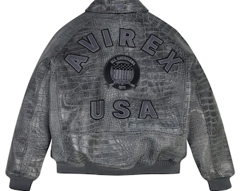 Chaqueta Avirex Grey Icon Limited Edition para hombre, de piel de cocodrilo auténtica y desgastada