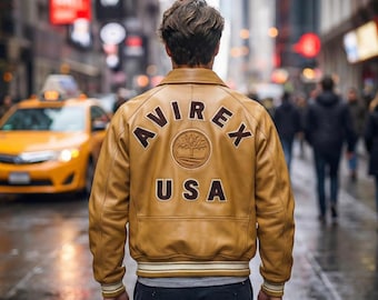 Chaqueta universitaria de cuero auténtico Avirex X Timberland para hombre