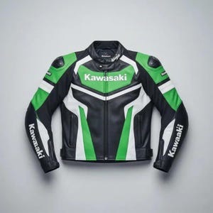Pode incluir: Casaco de motociclismo Kawasaki Ninja preto, verde e branco. O casaco apresenta o logótipo Kawasaki em branco no peito e nas mangas. O casaco tem uma gola alta e um fecho de correr.