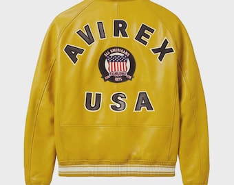 Chaqueta bomber de cuero amarillo Avirex para hombre, estilo aviador estadounidense, con cremallera y logo.