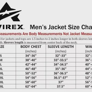 Puede incluir: Tabla de tallas de chaquetas Avirex, que muestra las medidas corporales en pulgadas. La tabla incluye tallas de la S a la 5XL, con las medidas correspondientes de pecho, largo de manga y cintura. El texto indica que son medidas corporales, no de la chaqueta.