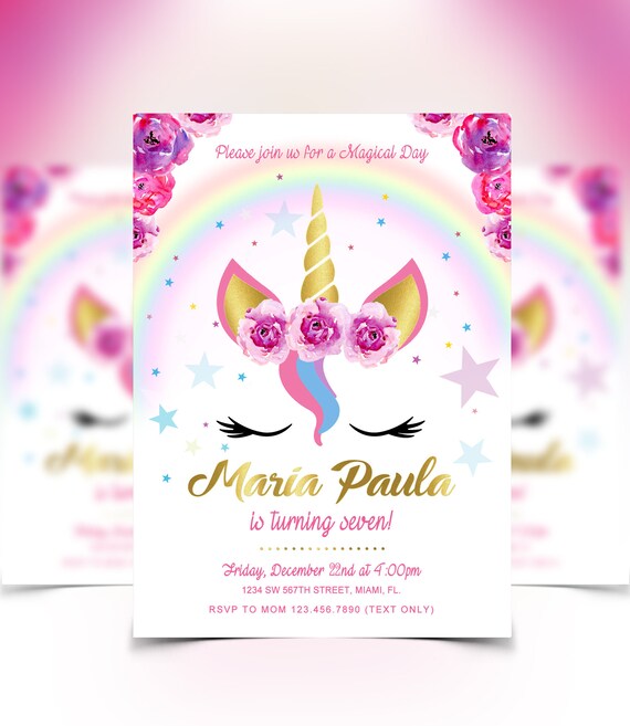 Unicorn Birthday Invitation, Digital File Only, Magical Unicorn Invitation, Floral Unicorn Invitation, Face Unicorn Party Il_570xn