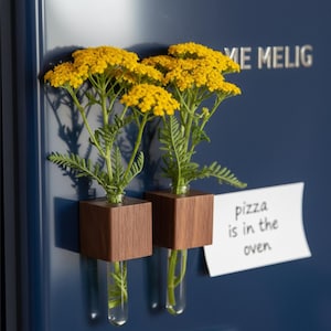 Könnte beinhalten: Zwei würfelförmige Knospenvasen aus Holz mit Glasröhren, die jeweils gelbe Blumen und grünes Laub enthalten. Die Vasen sind an einer blauen Oberfläche befestigt. Ein Zettel sagt "pizza is in the oven."