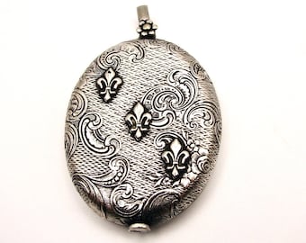 Französische Spiegel Schiebe Medaillon Antik Jugendstil Silber Fleur de Lis Oval Form