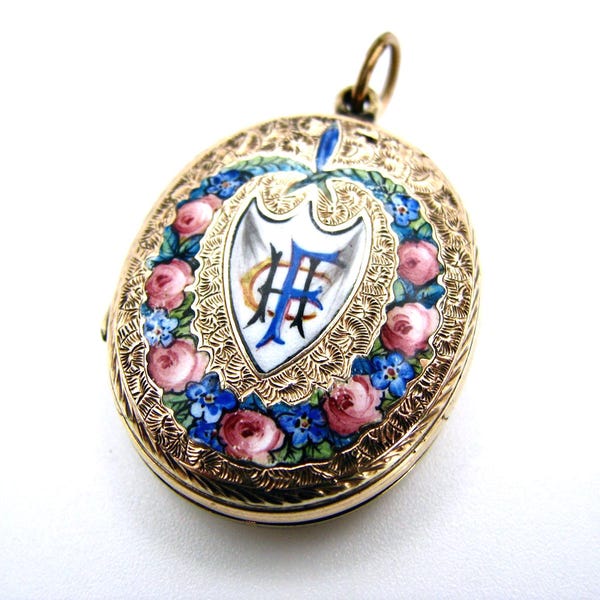 Antique Enamel Gold Filled Victorian Locket with Roses VGC