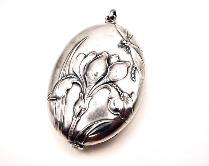 French Mirror Slide Locket Art Nouveau Antique Silver - Large Size With ...