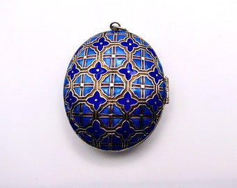 Cloisonné Esmalte Art Déco Locket Plata de ley antigua Forma ovalada ¡Impresionante!