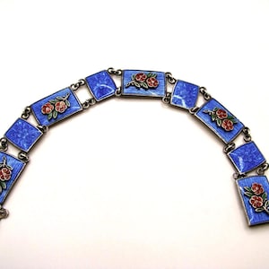 Vintage American Sterling Silver Guilloché Enamel Floral Roses Panel Bracelet