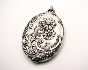 Art Nouveau French Slide Locket Silver Plated Large Antique size with Daisy Flowers