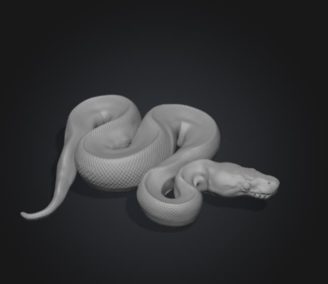 Może przedstawiać: Monochromatyczny szary model 3D zwiniętego węża. Rzeźba posiada szczeg&oacute;łowy, teksturowany wz&oacute;r łusek na całym ciele, gładką głowę z widocznymi oczodołami oraz zakrzywioną, wężową postawę umieszczoną na ciemnym, neutralnym tle.