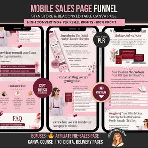 Puede incluir: Un modelo de lanzamiento de producto digital que se muestra en tres pantallas de teléfonos móviles. Las pantallas tienen un diseño rosa y blanco con texto como "Mobile Sales Page Funnel" y "Edit & Sell PLR". La imagen promociona una plantilla de Canva.