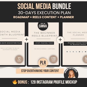 May include: A digital marketing bundle with a 30-day execution plan, roadmap, reels content, and planner. Includes three digital guides: Social Media Growth Blueprint, Beginner Reels Blueprint, and Social Media Planner. Bonus: 128 Instagram profile mockups.