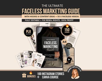 Faceless Marketing Guide Canva PLR, 150 Page Passive Income Workbook + 30 Faceless Videos, Content Guide to Resell, Digital Product Bundle