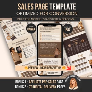Plantilla de página de ventas de Canva para Stan Store y Beacons / Página de ventas PNG editable para vendedor digital / Derechos de reventa PLR+ 70 páginas de agradecimiento