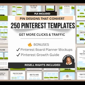 Könnte beinhalten: Werbebild für Pinterest-Vorlagen. Das Bild zeigt eine Sammlung von Vorlagen mit dem Text "250 Pinterest-Vorlagen" und "Mehr Klicks & Traffic erhalten". Boni beinhalten Pinterest Board Planner Mockups und einen Pinterest Growth Guide. Wiederverkaufsrechte sind enthalten.