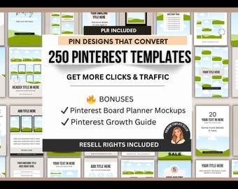 250 Pinterest Pin Templates Canva PLR, Editable Pin Template Bundle, Board Planner, Growth Guide, DFY Pinterest Templates for Traffic