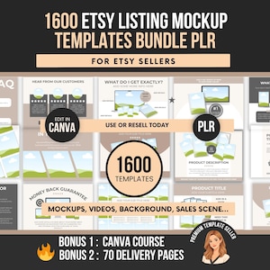 Plantillas de maquetas para listados de Etsy con derechos de reventa (PLR), 1600 maquetas de Canva, imágenes de productos digitales, plantillas de miniaturas, paquete con derechos de reventa.