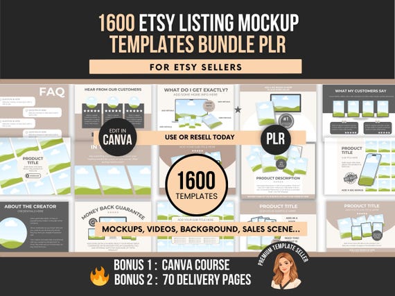 Etsy Listing Mockup Templates PLR, 1600 Canva Mockups, Digital Product Images, Thumbnail Templates, Resell Rights Bundle