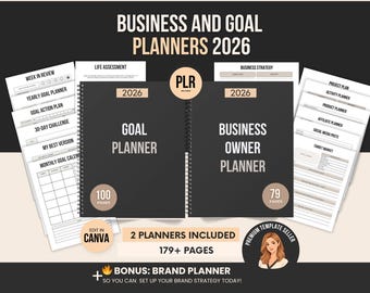 2026 Business Planner Canva Template PLR Bundle, Goal Tracker & Business Planner, Editable Planner 179+ Pages, Digital Download