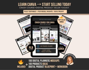 Curso intensivo de Canva con derechos de reventa PLR, formación en vídeo y libro electrónico. Curso de Canva listo para revender, ideal para principiantes, vendedores digitales y vendedores de Etsy.