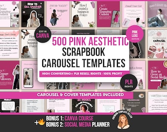 PLR Pink Mega Bundle Aesthetic Instagram Templates Scrapbook, 500 Instagram Carousel & Cover Templates, Scrapbook Canva Templates to Resell