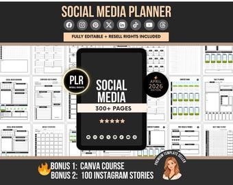 300 Page Social Media Planner Bundle, Editable Canva Templates, Printable Content Calendar Kit, PLR Resell Rights, Digital Planner