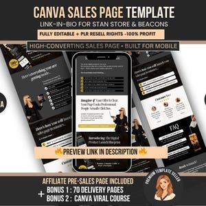 Puede incluir: Plantilla de página de ventas de Canva para productos digitales, diseñada para Stan Store y Beacons. Totalmente editable con derechos de reventa PLR, ofreciendo un 100% de beneficio. Incluye un enlace de vista previa, página de preventa de afiliados, 70 páginas de entrega y un curso viral de Canva.