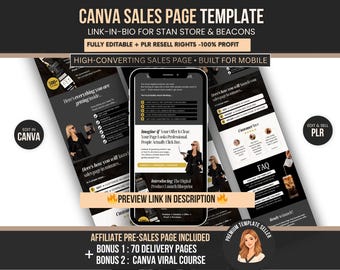 Canva Sales Page Template PLR for Stan Store & Beacons, Editable PNG mobile Sales Page for Digital Seller, Resell Rights DFY product bundle