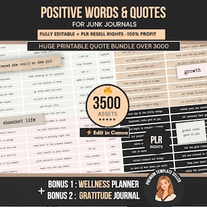 Peut inclure: Un produit numérique avec des mots et des citations positifs pour les journaux de rebut. L'image présente une grille de phrases, dont "abundant life" et "growth". Le texte "POSITIVE WORDS & QUOTES" est en haut. Contient plus de 3000 éléments et droits de revente PLR.