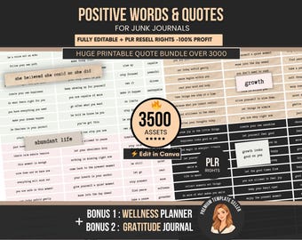 Positive Journal Words and Quotes Printable PLR, 3500 Junk Journal Word Strips & Quote Cards, Quote Cards Canva Templates to Resell, DFY