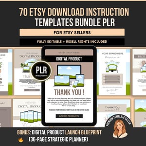 Plantillas de instrucciones para descarga digital de Etsy en PDF y Canva PLR, páginas de agradecimiento y entrega editables para productos digitales, derechos de reventa listos para usar.