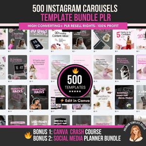Op de afbeelding: Een digitale productbundel weergegeven op een tabletscherm, met 500 Instagram carrousel templates. Het ontwerp bevat roze en witte elementen, met tekst als "500 Instagram Carrousels" en "Edit in Canva". De bundel bevat ook bonus Canva en social media planner resources.