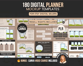 Digital Planner Mockup Templates PLR, Canva Mockups for Etsy Listings, 180 Digital Product Mockups, Planner & Journal Templates
