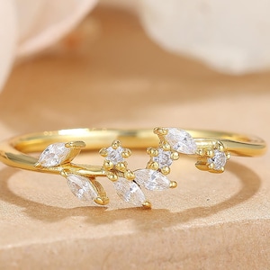 Vintage Marquise Round Cut Moissanite Diamond Ring Band Half Eternity April Birthstone Ring Gift Unique 14K Solid gold Ring Leaf Design her
