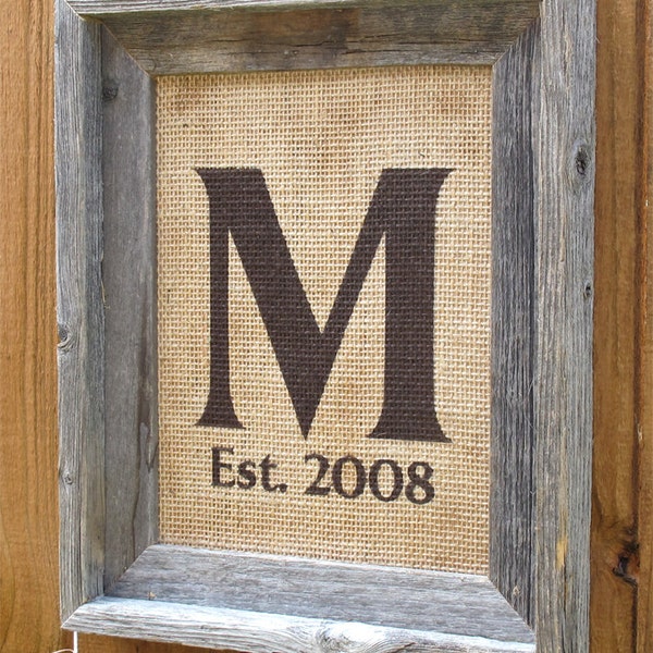 Personalized Monogram Family Name Sign, Initial Sign, Burlap with Barn Wood Frame, 8x10