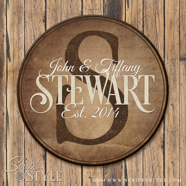 Personalized Family Established Sign, Round Personalized Family Name Sign, Last Name Sign with Established Date & Monogram, 4 Sizes