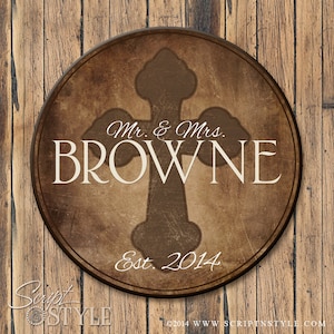 Round Personalized Family Name Sign, Family Established Sign With Cross, 3 Sizes