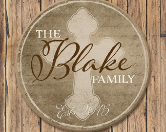 Round Personalized Family Name Sign, Family Name Wood Plaque, Family Established Sign With Cross, 4 Sizes