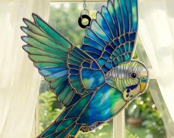 Blue Budgie Parakeet Acrylic Suncatcher Window Hanging – Custom Clear Acrylic Gift, Colorful Bird Decor, Parrot Pet Lover Ornament Gift