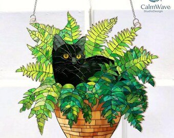 Black Cat Sitting On Potted Fern Acrylic Suncatcher, Cat Plant Window Hanging, Black Cat Suncatcher, Gift For Cat Lover, Plant Gift For Mom