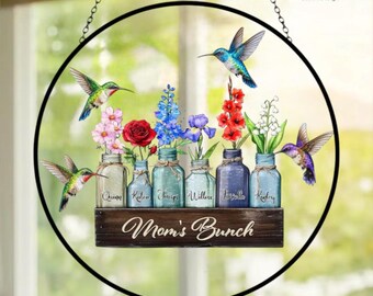 Personalized Mother's Day Suncatcher, Custom Birth Flower, Mom’s Bunch Gift, Mason Jar Window Hanging, Mother's Day Gift, Nana's Blessings