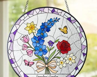 Personalized Birth Flower Stained Glass Suncatcher with 3D Raised Detail, Family Bouquet Window Hanging, Mothers Day Gift for Mom or Grandma