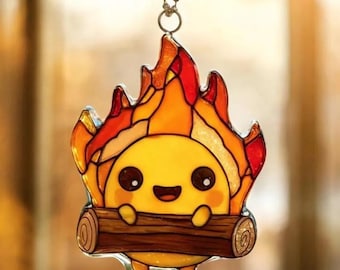 Attrape-soleil imitation Calcifer, Vitrail du château ambulant de Howl's suspendu, Ornement acrylique inspiré de Ghibli, Cadeau de Noël