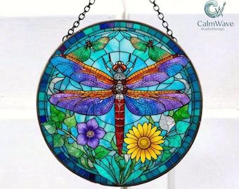 Dragonfly Memory Stained Glass Suncatcher, Floral Dragonflies Suncatcher, Suncatcher Window Hanging, Memorial Gift for Nature Lover