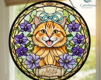 Stained glass window art featuring portraits of beloved cats, keepsakes for the loss of a cat, gifts for the bereaved.